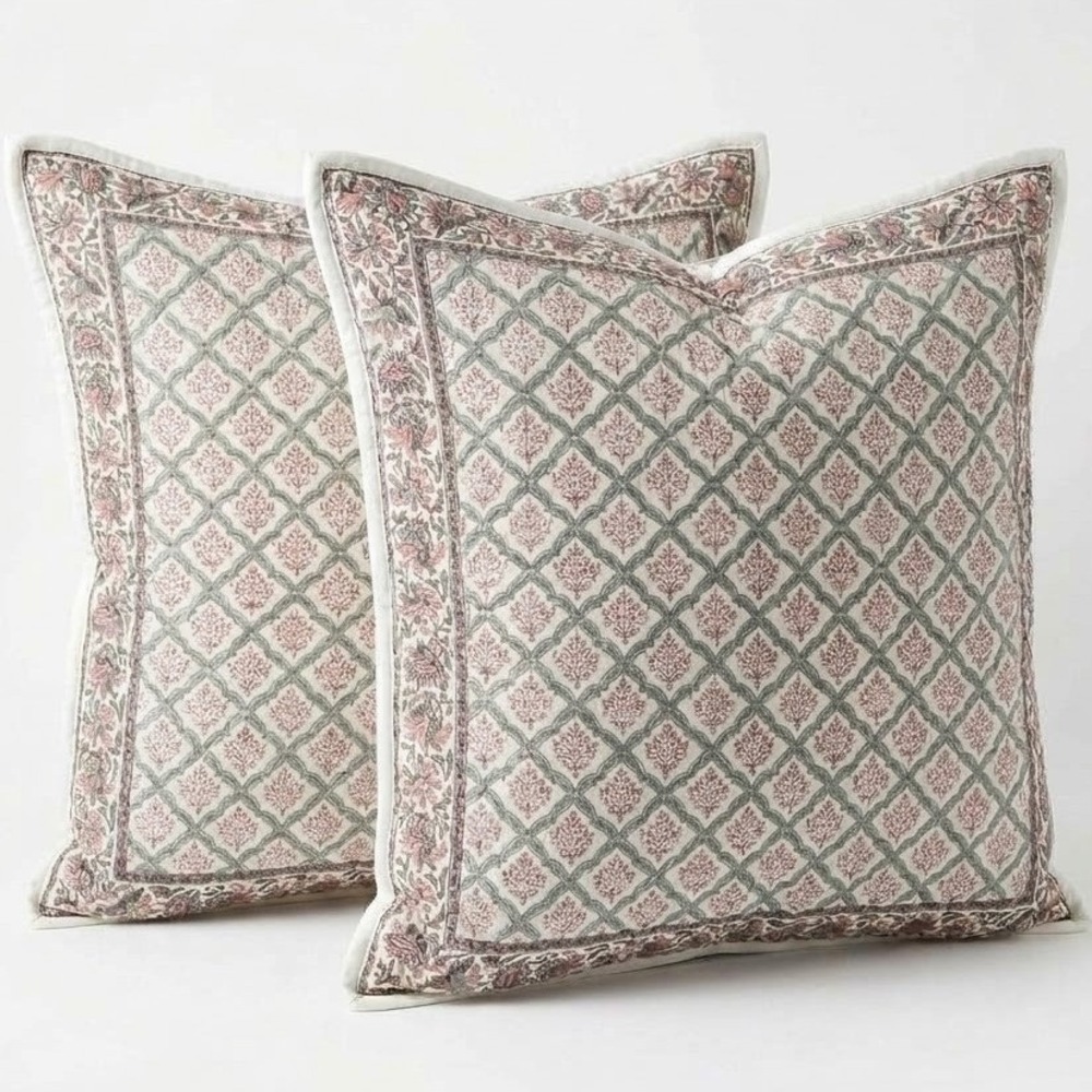 POTTERY BARN Amalia Block Print Set of EURO Reversible Quilted Pillow Shams Boho